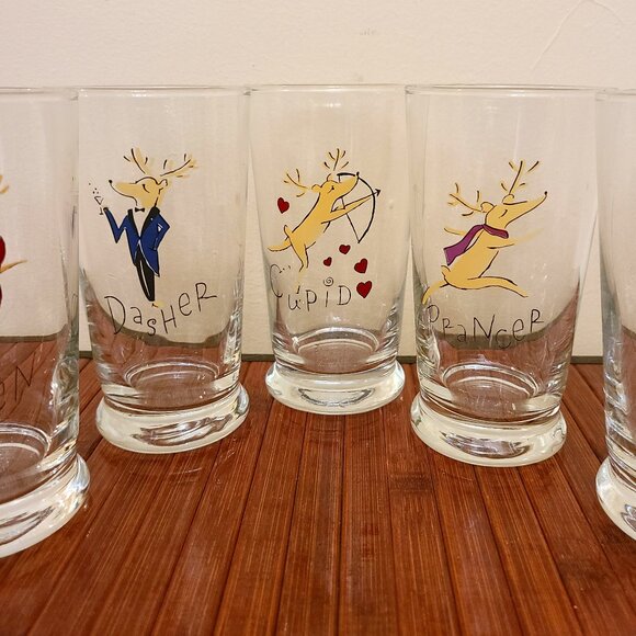 Pottery Barn Reindeer Tumblers Glasses, Set Of 7 (12 Oz Glasses) Footed - Picture 5 of 14